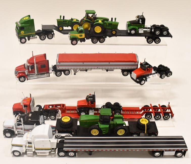 1/64 DCP & Custom Semi Trucks & Trailers: 1/64 scale Die-Cast Promotions, SpecCast, and custom semi trucks and trailers. Includes International, Mack, lowboys, grain trailers, and more. Some have loose or broken pieces.