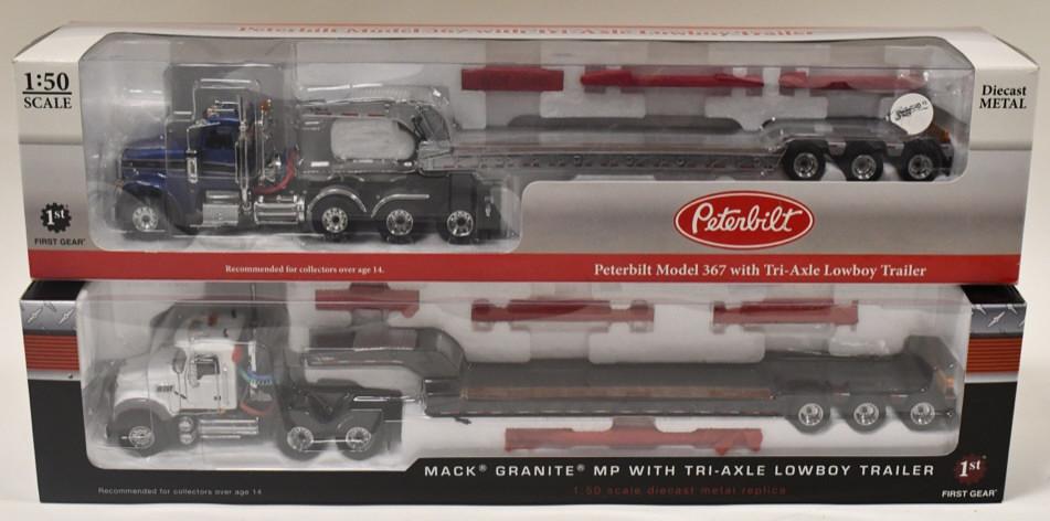 1/50 1st Gear Peterbilt & Mack Trucks w/ Lowboys: 1/50 scale 1st Gear Peterbilt Model 367 and Mack Granite MP with tri-axle lowboy trailer. Good condition in the boxes.