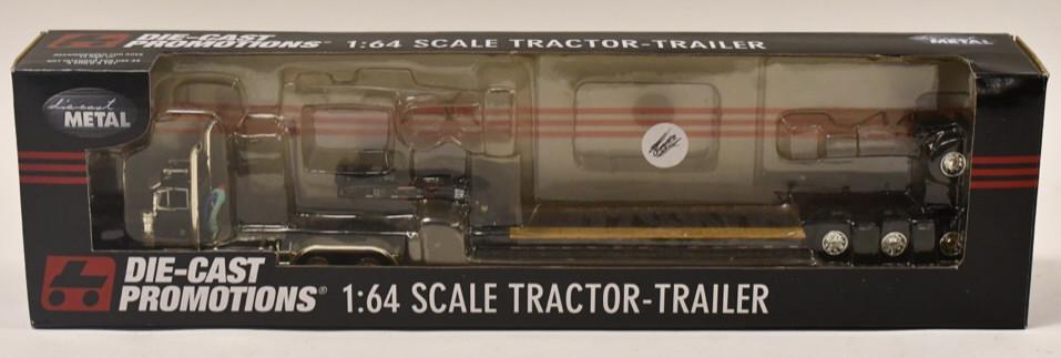 1/64 DCP Peterbilt 379 w/ Lowboy Flip Axle Trailer: 1/64 DCP Peterbilt 379 with lowboy flip axle trailer. Good condition in the box. Item no. 33023.