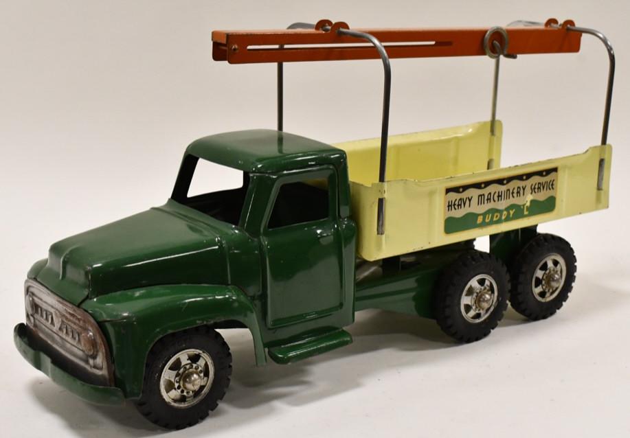 Buddy L Heavy Machinery Service Truck: Buddy L heavy machinery service truck. It is missing the tow hook and cable. Good condition with paint loss and wear from play and age. Measures approximately 20" long.