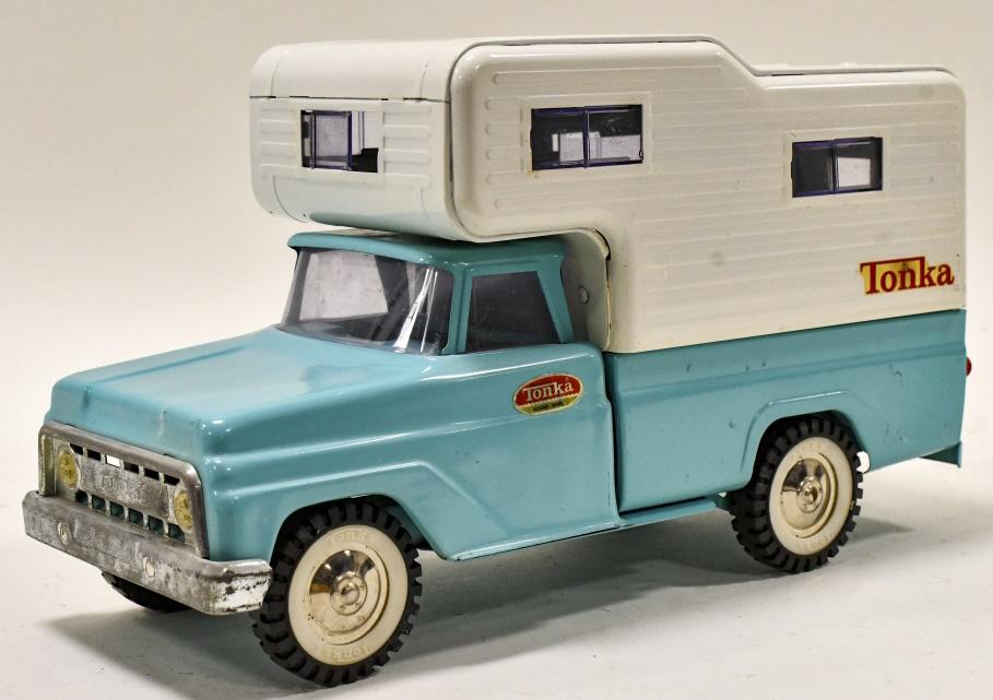 Tonka Cabover Camper Pickup Truck: Original Tonka cabover camper pickup truck. Displays well with some paint loss and wear from play and age. Measures approximately 13 1/2" long.