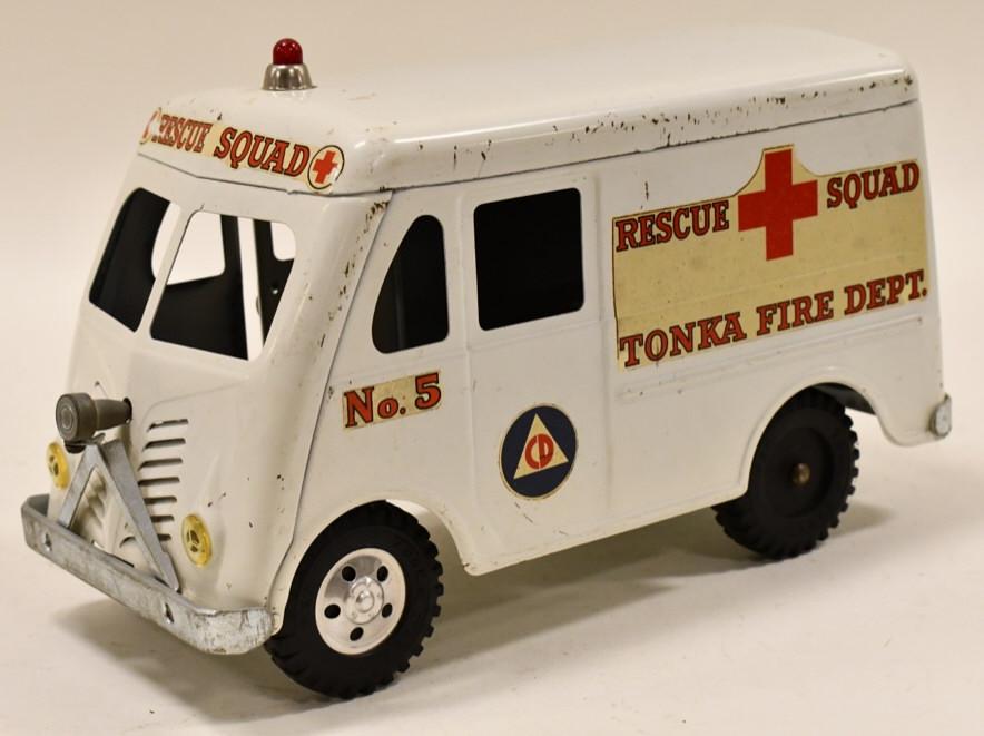 Tonka No. 5 Fire Dept. Rescue Squad Metro Van: Original Tonka No. 5 Fire Dept. Rescue Squad Civil Defense Metro Van. The van has expected paint loss and wear from play and age. It is missing the two rear hubcaps. Displays well with the original de