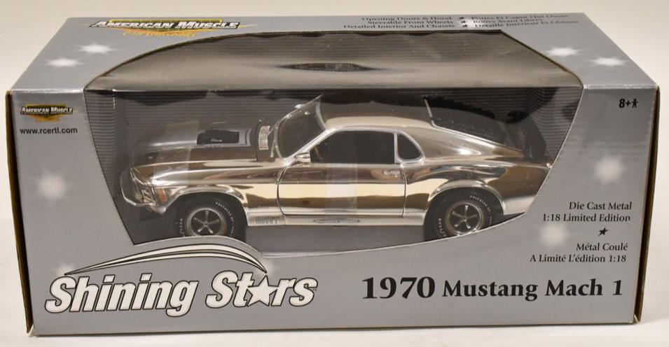 1/18 Ertl Shining Stars 1970 Mustang Mach 1: 1/18 scale Ertl American Muscle Shining Stars Chrome die-cast 1970 Mustang Mach 1. Good condition new in the box.