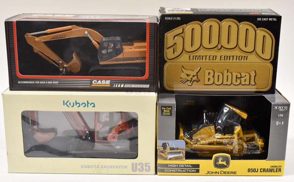 1/50 John Deere Bulldozer, Case Excavator & More: 1/50 scale John Deere 850J crawler, Case 9030B excavator, Kubota excavator, and 1/25Bobcat loader. Good condition in the boxes.