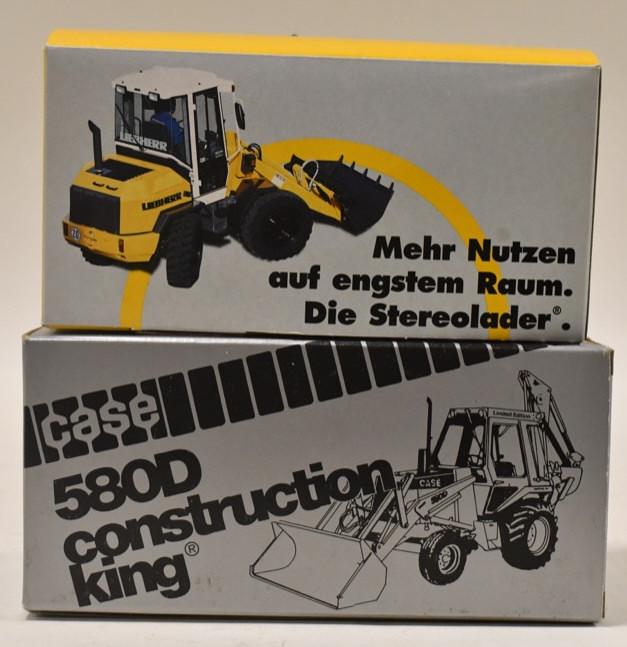 1/50 NZG Liebherr Loader & 1/35 Case Backhoe: 1/50 scale NZG Liebherr wheel loader and 1/35 scale NZG Case 580D construction king backhoe. Good condition in the boxes.