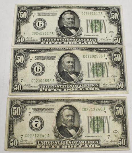Lot of 3 1928A $50 Federal Reserve Bank Notes: Circulated Lot of 3 1928A $50 Federal Reserve Bank Notes. Shows average wear from use and age.