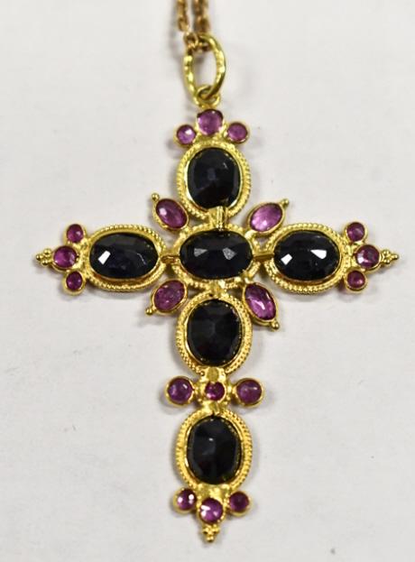 22k Gold Sapphire and Ruby Cross and Chain (1 of 3)