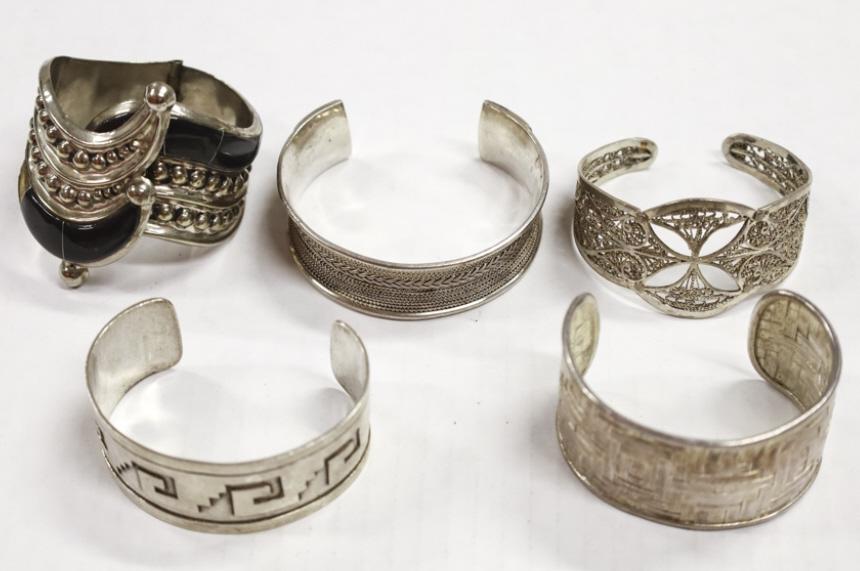 Set of 5 Sterling Silver Cuff Bracelets: Set of 5 Sterling Silver Cuff Bracelets. Basket Weave, Rope Bracelet, Aztec Design - Marked Taxco, Filigree, Black Swirl - Marked Alpaca. Weighs 208 Grams