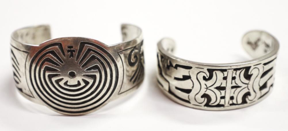 2 Sterling Silver Cuff Bracelets: 2 Sterling Silver Cuff Bracelets. One with Geometric Design and Abstract Spider Design. Weighs 107.3 grams