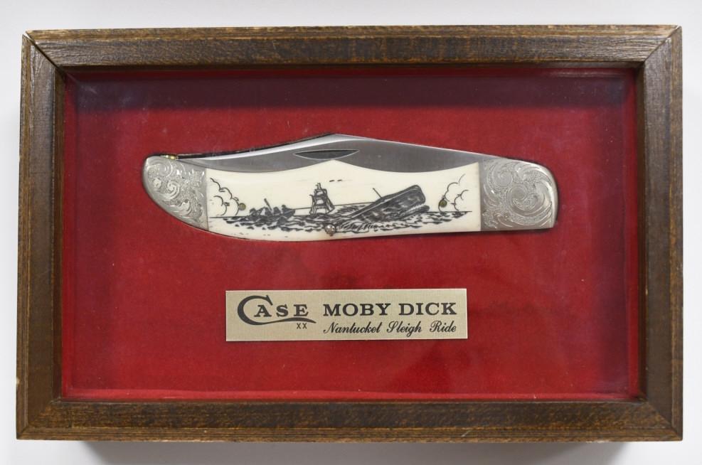 LE Case XX Moby Dick Nantucket Sleigh Ride Knife: Vintage limited edition Case XX Moby Dick Nantucket Sleigh Ride folding knife in original display shadow box. Appears to be in good condition with wear from age and display. The knife features a hand