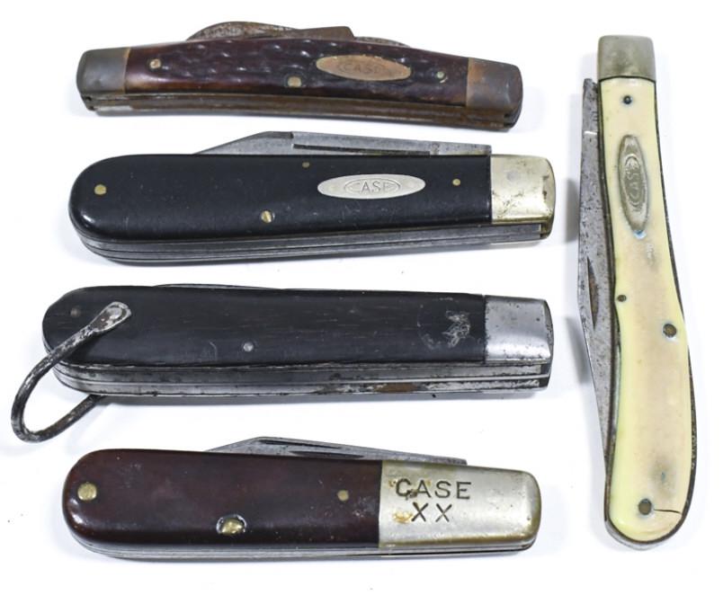 (5) Vintage Case XX Folding Knives: Lot of five vintage Case XX folding knives. Knives vary in age and condition. When closed the largest measures approximately 4-1/8" across.