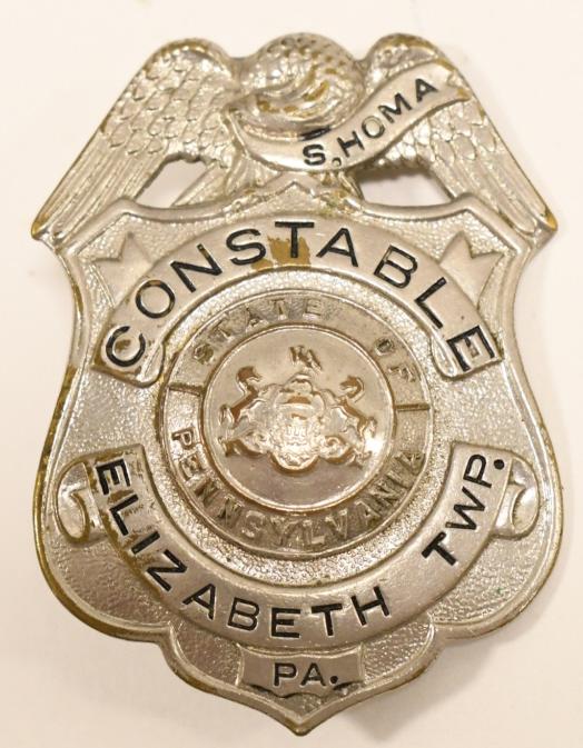 Obsolete Elizabeth Twp. PA. Constable Badge: Vintage obsolete Elizabeth Township Pittsburgh Constable badge named to " S. Homa". Badge is in good condition with plate loss and wear from use and age. . Pinback is unmarked. Badge measures approxim