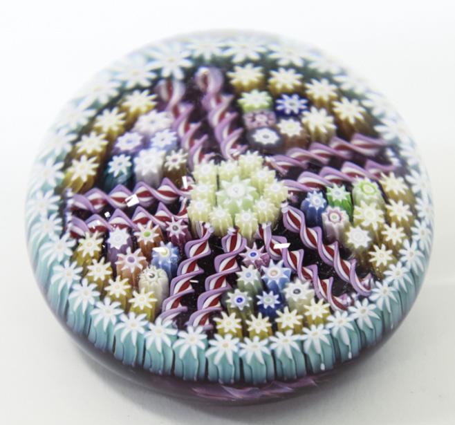 Perthshire Millefiori & Ten Ribbon Paperweight: Beautiful Perthshire Scotland millefiori & ten ribbon paperweight. The paperweight measures 2-1/2" in diameter and is in great condition. The center cane is marked with the "P".