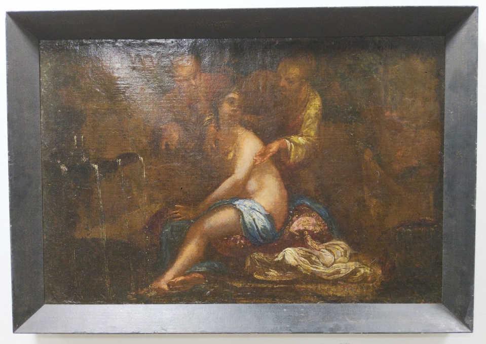 Pier Francesco Mola Susanna & The Elders Painting: Beautiful oil on canvas painting After listed Italian artist Pier Francesco Mola (1612-1666). The painting is titled "Susanna & The Elders" and is signed in the lower right. Sight measures approximate