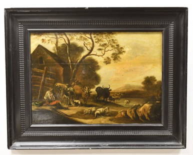 Adriaen Van de Velde Pasture Landscape Painting: Beautiful oil on wood panel painting by listed Holland artist Adriaen Van de Velde (1636-1672). The painting features a resting shepherd with his flock. Painting is unsigned, but is marked on the reve