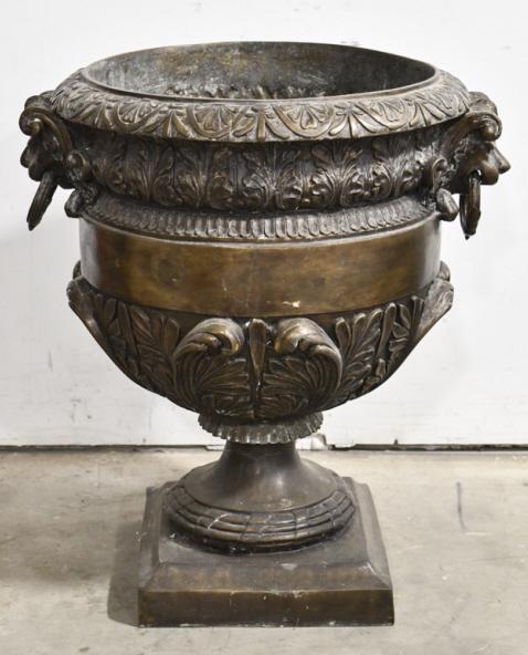 Ornate Cast Bronze Lion's Head Handle Garden Urn (1 of 8)