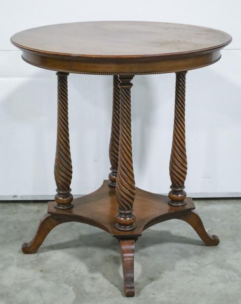 Duncan Phyfe Style Round Table: Duncan Phyfe style round table. Good condition with wear from use and age. Measures approximately 30" in diameter by 30" tall.