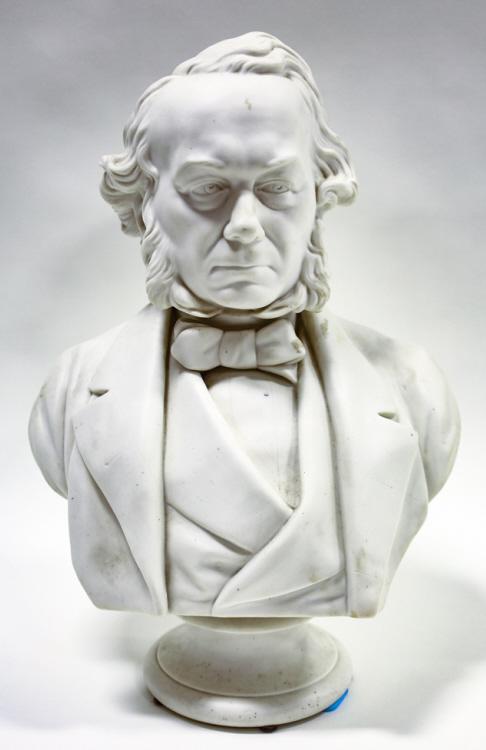 1865 Parian Bust Of Richard Cobden: 1865 parian porcelain bust of English radical & liberal politician Richard Cobden (1804-1865). Measures 16" tall x 11" across and is in nice condition.
