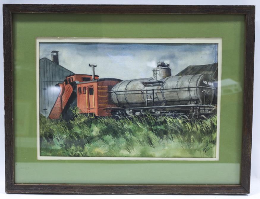 Bill Borden "Caboose & Tanker" Watercolor: Watercolor on paper painting by listed Indiana artist Bill Borden. The painting is features a caboose and tanker car and is signed in the lower right, dated 7-6-72. Sight measures approx. 18-1/4" acro