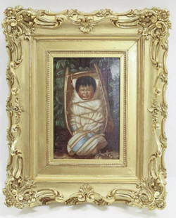 Grace C. Hudson "Disguntled Papoose" Oil On Panel: Oil painting on wood panel by listed California artist Grace Carpenter Hudson (1865-1937). The painting is titled "Disgruntled Papoose" and is unsigned, has estate stamp en verso. Sight measures appro