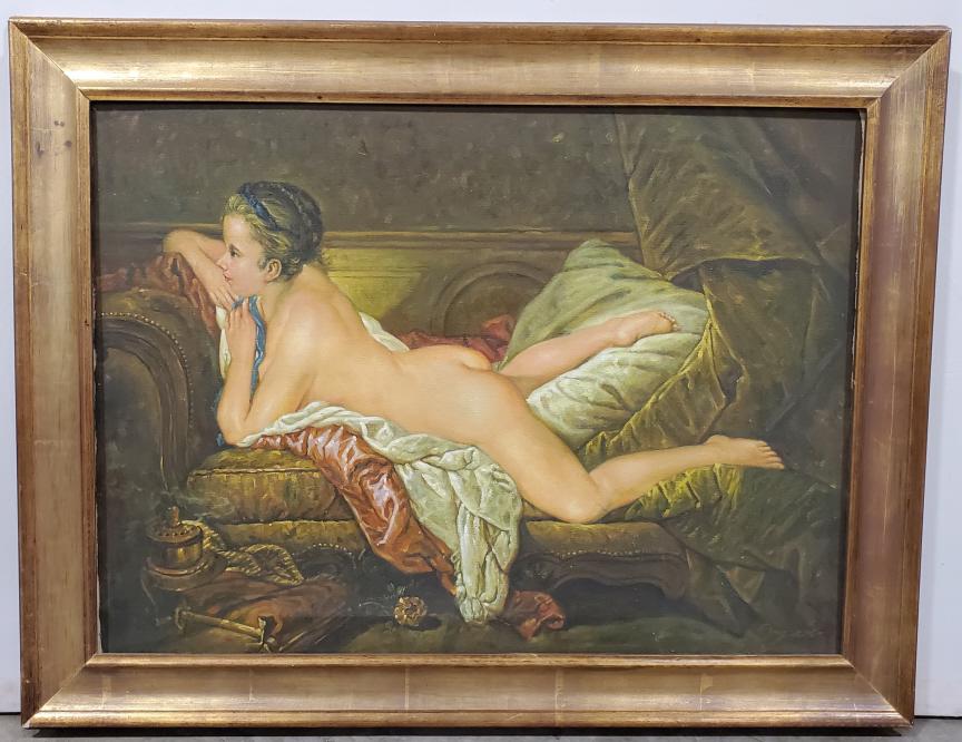 Nude Reclining Female Oil on Canvas: Oil on canvas of a Nude Woman. Signed lower right and but unlegible. Canvas measures 22Ó x 28 3/4Ó and framed 28Ó x 36Ó
