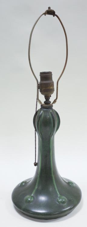 Hampshire Pottery Mission Table Lamp #0014: Hampshire Pottery Mission table lamp. The lamp has a green matte finish and is #0014. It is in great condition with no chips, cracks, or crazing. The lamp measures 20-1/2" tall including the harp with