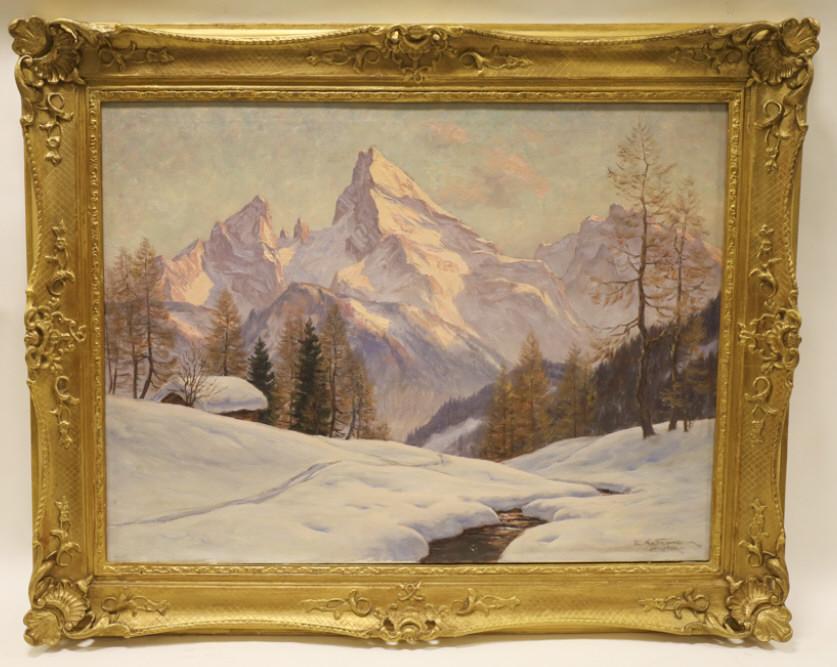 Erwin Kettemann "Watzmann Mountain" Oil On Canvas: Oil on canvas painting by listed German artist Edwin Kettemann. The painting features a Winter landscape with Watzmann Mountain in the background. Painting is signed in the lower right. Sight measures