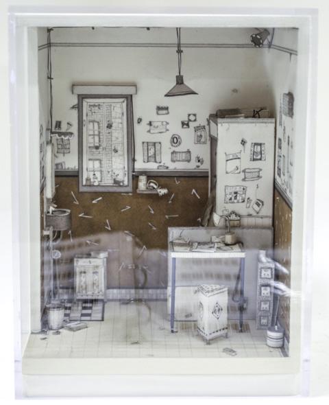 Andrew Krieger "Hotel" Paper Diarama In Plexi Box: Interesting paper diarama by artist Andrew Kreiger. The diarama is titled "Hotel" and comes in a plexi box. Overall it measures 12-1/4" tall x 9-1/4" across x 7-1/4" deep. Great condition and signed o