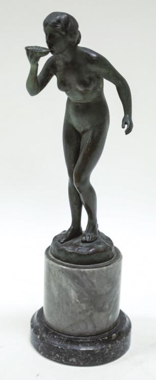 Antique Hans Rieder "Nude Woman" Bronze Statue: Antique bronze statue by Hans Rieder. The bronze feature a nude young woman eating a tart. The statue has nice patina and comes on a marble base. Overall measure approx. 10" tall x 3" across.
