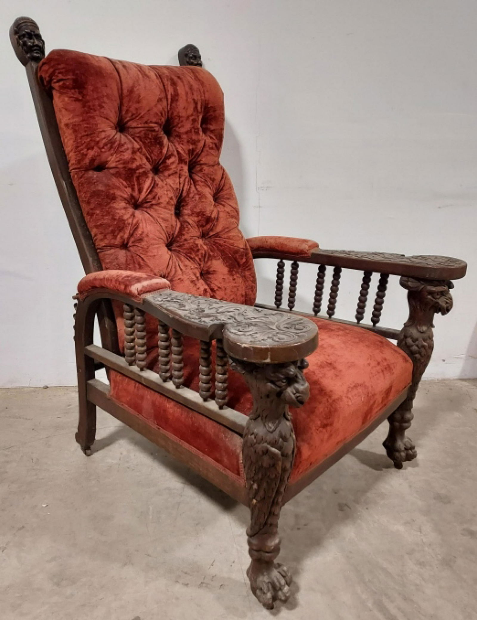 Antique Bird & Head Carved Wood Recliner (1 of 15)