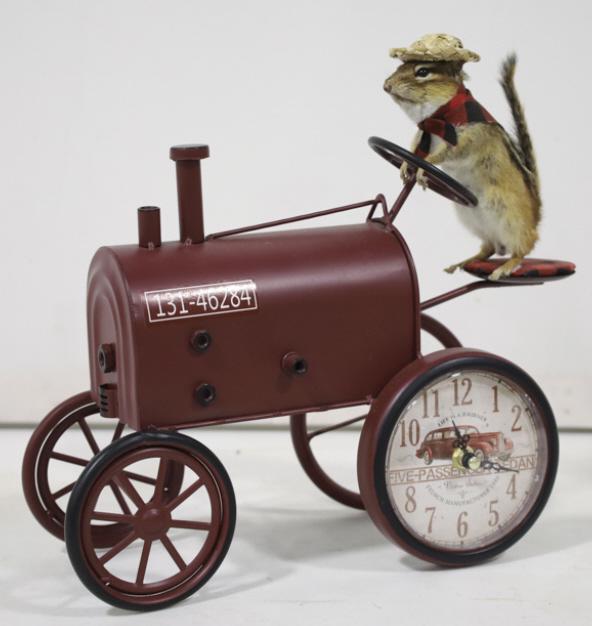 Full Body Chipmunk Taxidermy Driving A Tractor: Full body Chipmunk taxidermy mount driveing a tractor. Displays well with straw hat and bandana. Overall measures approximately 12" tall by 14" across by 4-1/2" wide.
