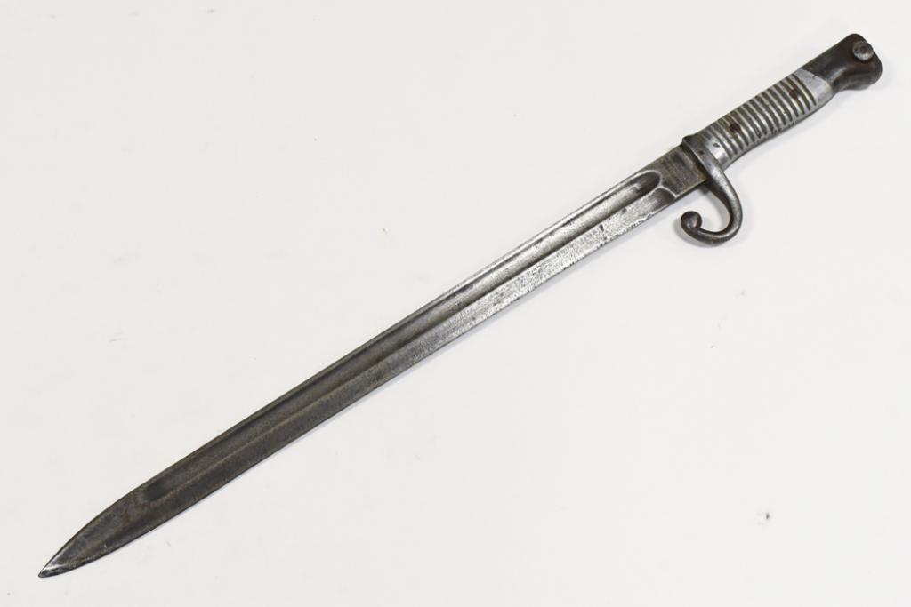 Model 1891 Argentine Mauser Weyersberg Bayonet: Model 1891 Argentine Mauser sword bayonet by Weyersberg Germany. Bayonet appears to be in fair original condition with pitting, light surface rust, and wear from use and age. Overall it measures appro