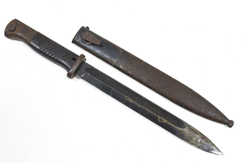 WWII German K98 Bayonet w/ Scabbard: WWII German K98 bayonet with scabbard. Bayonet is marked on blade "42 cof" and "5384". bayonet is in fair condition with surface rust and wear from use and age. Overall with scabbard it measures appro