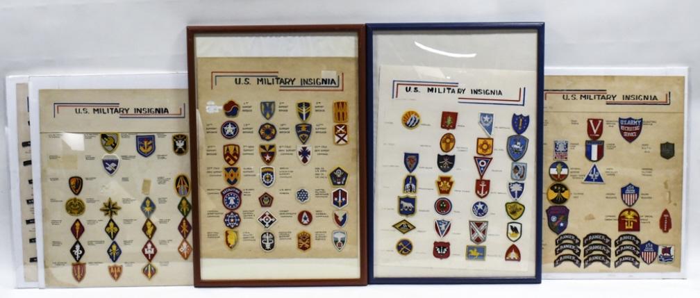 Vintage US Military Insignia Patch Collection: Well displayed vintage US MIlitary insignia patch collection. Collection includes 5 hand made display boards with applied US MIlitary patches. Two of the display boards are framed while the other thre