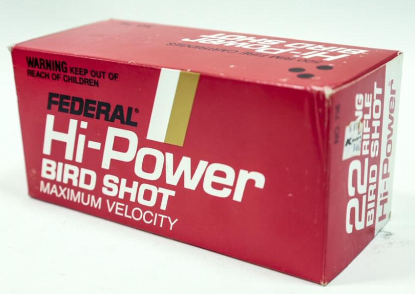 500 Rounds Of Vintage Federal 22LR Bird Shot: 500 round brick of Vintage Federal Hi-Power .22 Long Rifle Bird Shot cartridges. Brick includes 10 fifty round boxes.