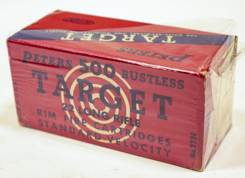500 Rounds Vintage Peters Target 22LR Cartridges: 500 round brick of Vintage Peters Target Standard Velocity .22 Long Rifle cartridges. Brick includes 10 fifty round boxes.