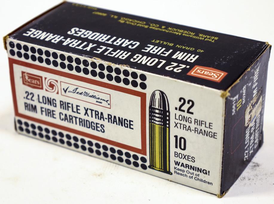 500 Rounds Vintage Sears .22 LR Cartridges: 500 round brick of Vintage Sears Ted Williams Xtra-Range 40 Grain .22 Long Rifle cartridges. Brick includes 10 fifty round boxes.