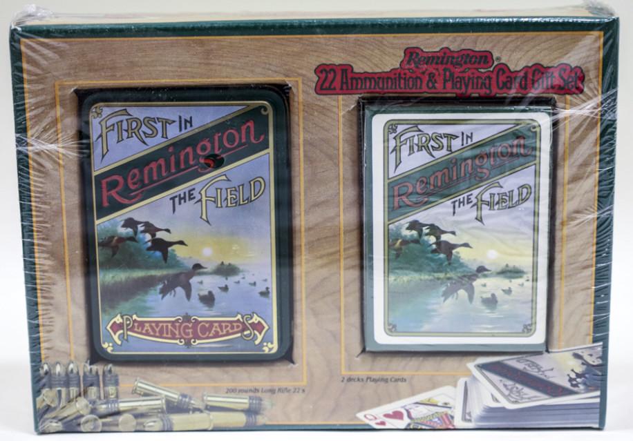 Remington .22LR Ammunition & Playing Card Gift Set: Sealed box of 200 rounds of Remington .22LR Golden Bullets cartridges and two decks of playing cards in collectible tin.