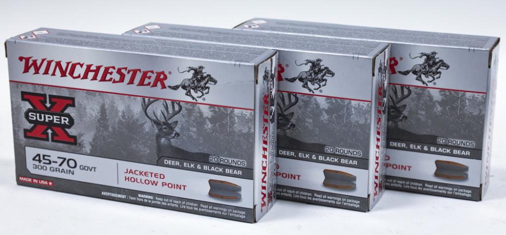 60 Rounds Winchester 45-70 Govt Cartridges: 60 rounds of Winchester Super X 45-70 Government cartridges. 300 grain jacketed hollowpoint. In the original 20 count boxes.