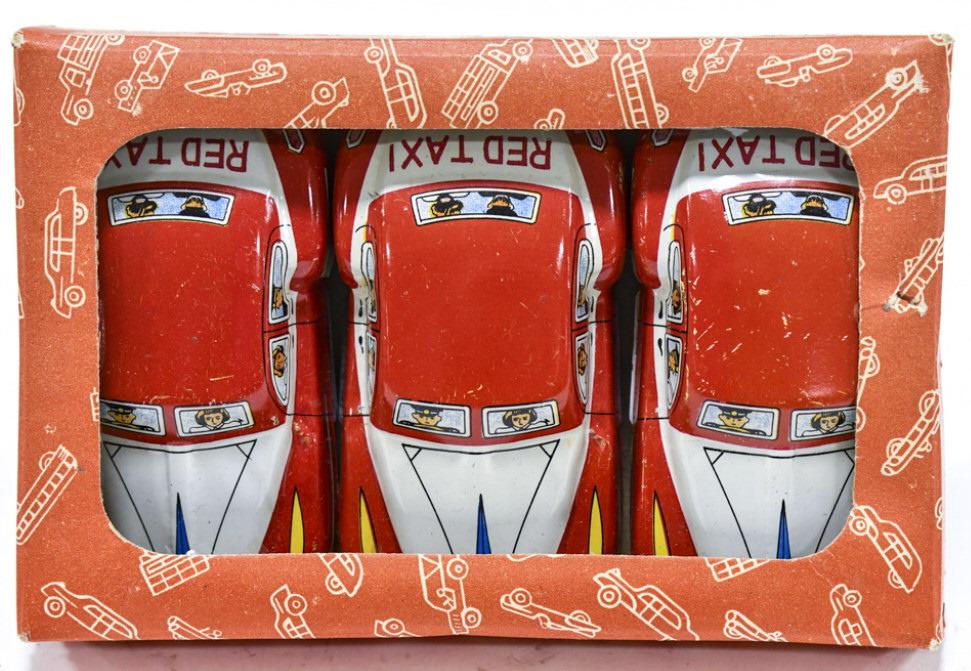 (3) Japan Tin Litho Red Taxi Cars In The Box (1 of 8)
