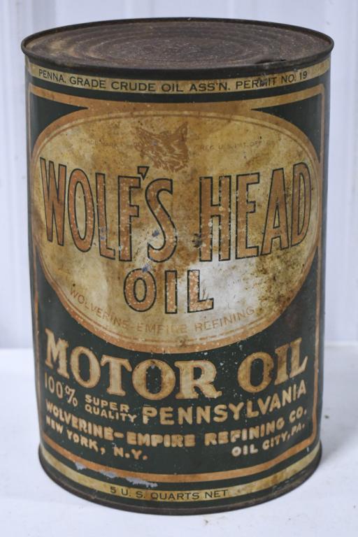 Ealry Wolf's Head Motor Oil 5 Quart Oil Can (1 of 7)