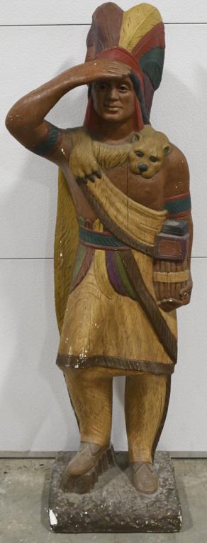 Large 51" Tall Plaster Cigar Store Indian Statue: Unique tall plaster Cigar Store Indian display statue. Appears to be in overall good condition with paint chips and wear from use and age. Base does have a large chip on one corner. Still displays wel