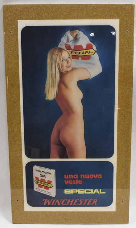 Winchester Shotgun Shells Nude Pinup Girl Adv Sign: Unique Winchester Special Shotgun Shells nude pinup girl advertising poster acrylic laminated over pressboard. Has some wear from display and age. Displays extremely well. Overall it measures approxim