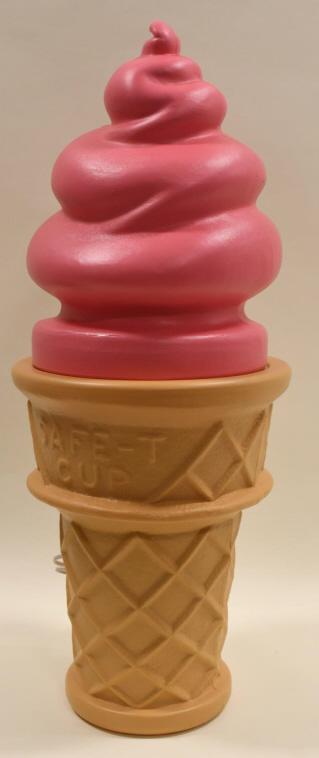 Giant Safe-T Cup Blow Mold Lighted Ice Cream Cone: Giant lighted Safe-T Cup advertising plastic blow mold lighted strawberry soft serve ice cream cone. Nice condition with some wear from use. Measures approximately 26" tall by 10-1/2" in diameter.
