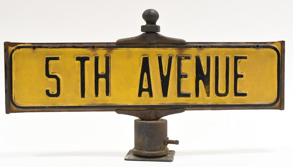 Early Gary Indiana 5th Avenue Street Sign: Early Gary Indiana 5th Avenue double sided embossed metal street sign. Good worn condition with paint loss and wear from use and age. Displays very well. Measures approximately 24" across by 13" tall.