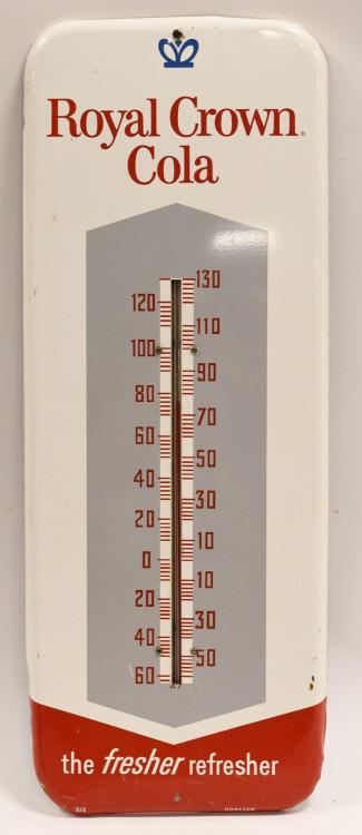 Vintage SST Royal Crown Cola / RC Adv Thermometer: Vintage single sided tin Royal Crown Cola advertising thermometer. Good condition with some paint loss , scratches, light surface rust and wear from use and age. Measures approximately 25-1/2" tall by