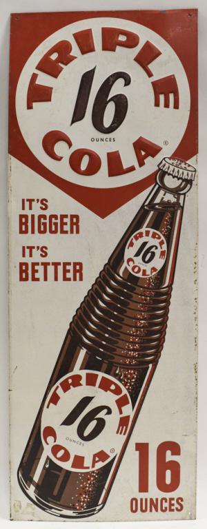Vintage SST Triple Cola 16 Ounces Advertising Sign: Vintage single sided embossed tin Triple Cola 16 Ounce bottles advertising sign. Sign has some surface rust, scratches, and wear from use and age. Displays well with nice graphics. It measures approxi