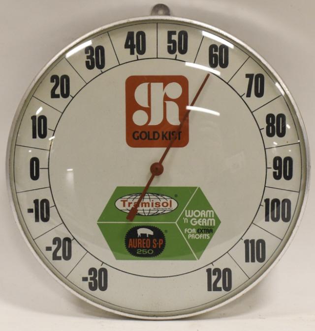 Vintage Tramisol Aureo Hog Health Adv Thermometer: Vintage Tramisol / Aureo Hog Health advertising thermometer. Nice condition with expected wear from use and age. Displays well with outer convex glass. It measures approximately 12" in diameter.
