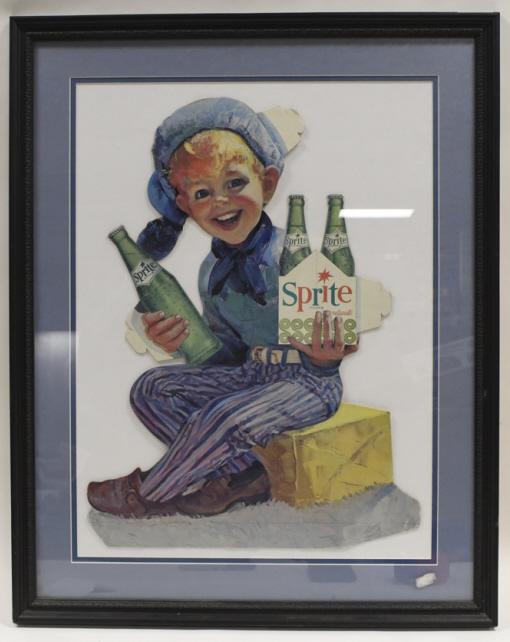Vintage Cardstock Sprite Soda Advertising Sign: Vintage cardstock Sprite Soda die-cut advertising sign. Sign appears to be in good condition with some wear from use and age. Has been nicely framed behind glass. Overall with frame it measures approx