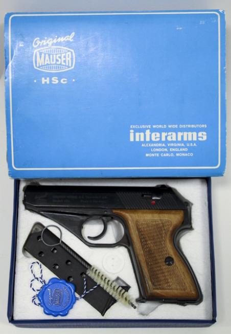 Mauser HSc .380 ACP Semi-Automatic Pistol NIB: New in the original box German Mauser HSc semi-automatic pistol in .380 ACP. The blue finish pistol is in great unfired condition with a 3.25" barrel. Comes with instruction manual, two magazines, han